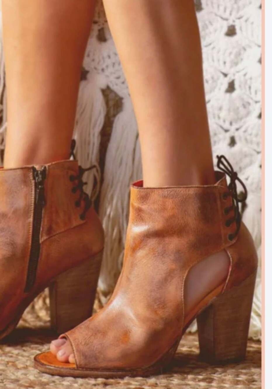 Bed Stu Angelique Leather Cutout Heeled Booties Tan Rustic